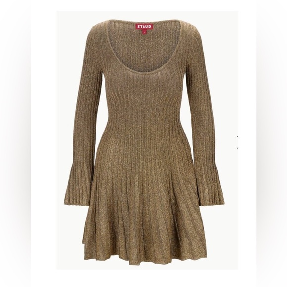 STAUD RAQUEL DRESS METALLIC GOLD LONG SLEEVE SIZE XS NWT 395$ - Picture 5 of 9